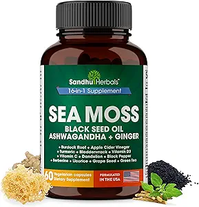 SANDHUHERBALS Sea Moss Kapsler med Black Seed Oil Ashwagandha Ginger Burdock Root 124; Advanced Seamoss 60 Greve