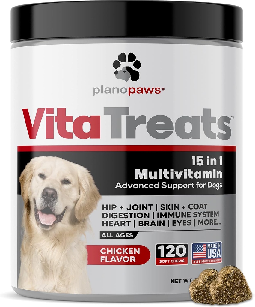 Vita Treats - Hundevitaminer og kosttilskud - Hempolie til hunde - Glucosamin Chondroitin til hunde - Omega 3 Fiskeolie til hud & Coat - Probiotika - Hundefælles tillæg - 120 Hund Multivitamin Chews
