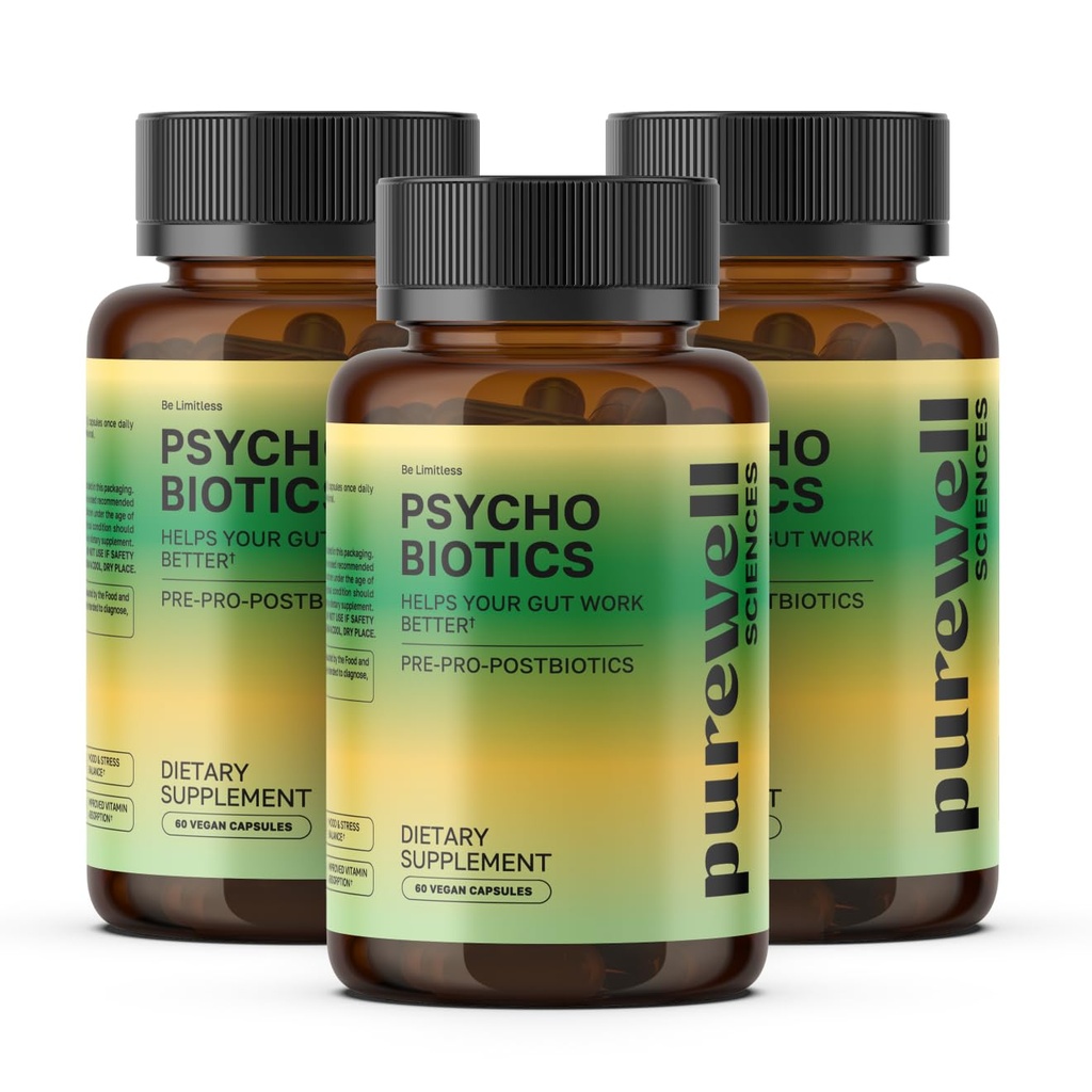 Psychobiotics – Advanced 3-in-1 Probiotic Prebiotic Postbiotic Supplement for Gut and Mood Support - 180 Vegan Probiotic Capsules – 50 Billion CFU – 3-Month Supply