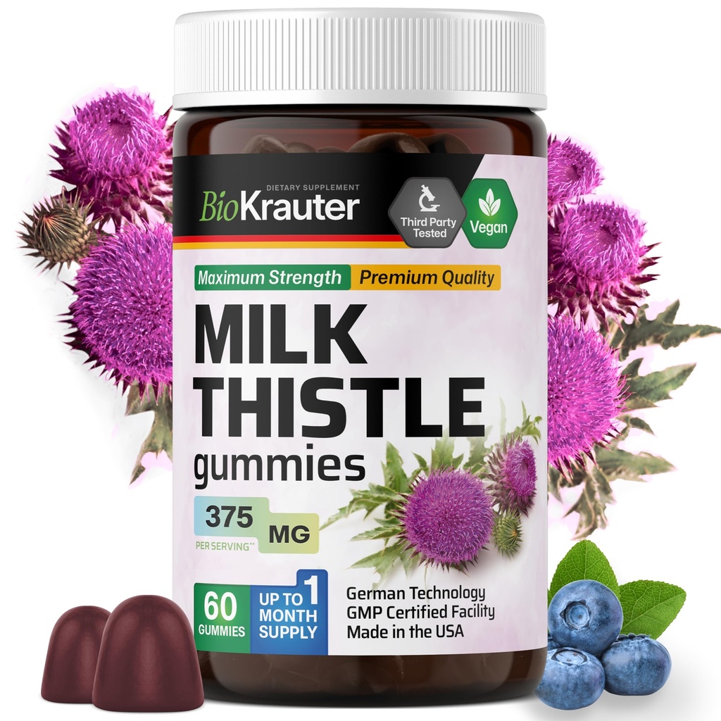 BIO KRAUTER Milk Thistle Lever Detox Gummies - 1500 mg Styrke - 60 Chews - Silymarin Milk Thisle Supplement - Vegansk Gelatine- fri formel