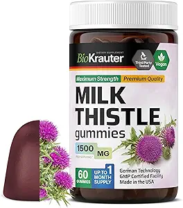 BIO KRAUTER Milk Thistle Lever Detox Gummies - 1500 mg Styrke - 60 Chews - Silymarin Milk Thisle Supplement - Vegansk Gelatine- fri formel