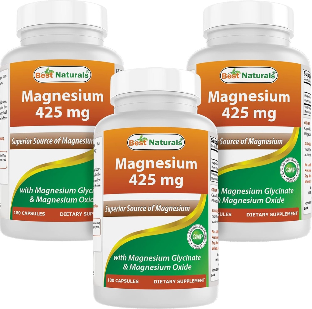 Bedste Naturals Magnesium 425 mg 180 Veggie Capsules - High Absorption Magnesium Glycinate & Magnesium Oxide Chelated, Non- GMO, Gluten Free Muscle Relax (180 Count (pakke med 3))