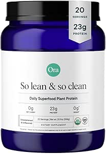 Ora Organic Vegan Protein Powder - 23g Plant Based Pea Protein + Superfood for Women and Men - Unsweeted & Unflavored - 20 Servering, Ingen Erythritol, Keto- Friendly, Gluten- Free, Paleo, Soy- Free