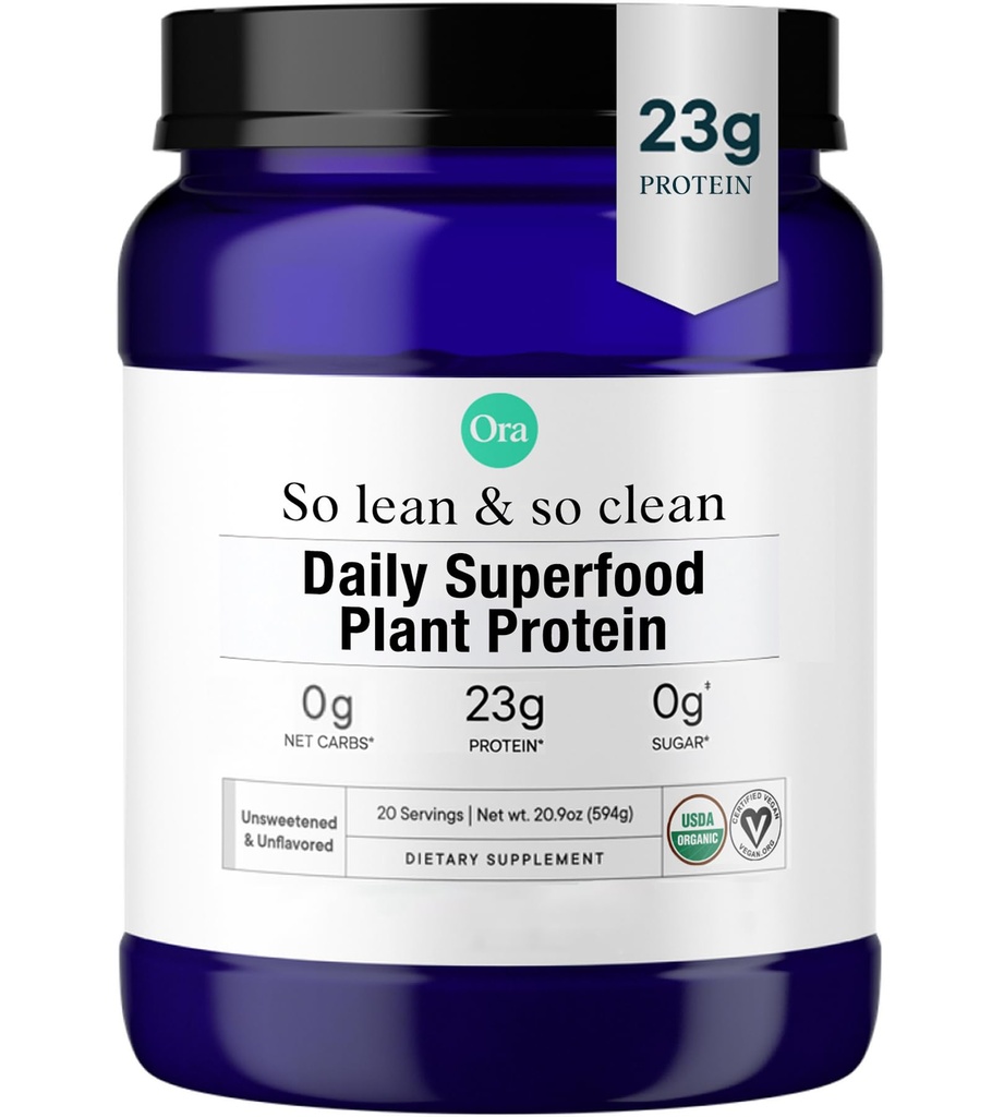 Ora Organic Vegan Protein Powder - 23g Plant Based Pea Protein + Superfood for Women and Men - Unsweeted & Unflavored - 20 Servering, Ingen Erythritol, Keto- Friendly, Gluten- Free, Paleo, Soy- Free
