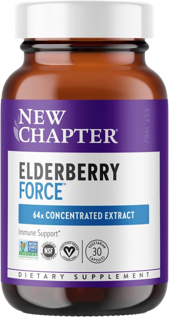 Nyt kapitel Vegansk Elderberry Kapsler med 64x Koncentreret Sort Elderberry + Sort Currant til Omfattende Immunstøtte, Non- GMO projekt Verified, Gluten Free, Certified Vegan, 30 Greve