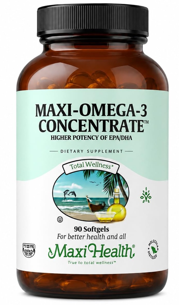 Maxi Health Omega 3 Supplement - Omega-3 Fish Oil Concentrate - Højere potens Kilde til EPA / DHA Fedtsyrer - Heart, Brain & Joint Health - Kosher Certified Wild Caught Fish - 90 Vegetarisk Softgel