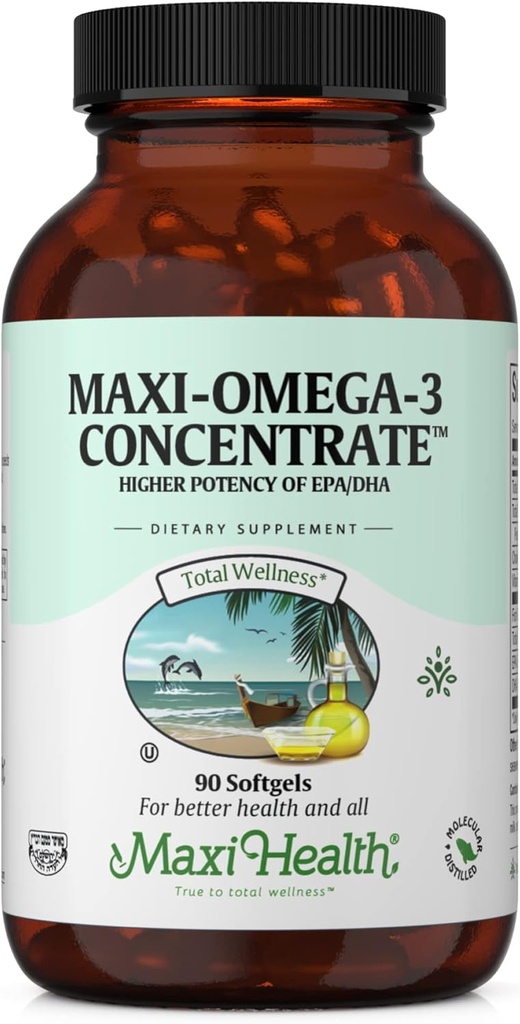 Maxi Health Omega 3 Supplement - Omega-3 Fish Oil Concentrate - Højere potens Kilde til EPA / DHA Fedtsyrer - Heart, Brain & Joint Health - Kosher Certified Wild Caught Fish - 90 Vegetarisk Softgel