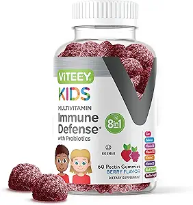 Viteey Kids Multivitamin Gummies med Probiotika - 8-1 Kids Vitaminer for immunforsvar støtte med C-vitamin, D3, B12, B6, Zink, Elderberry, Selenium - Vegetarisk - Chewable Tasty Berry Flavored