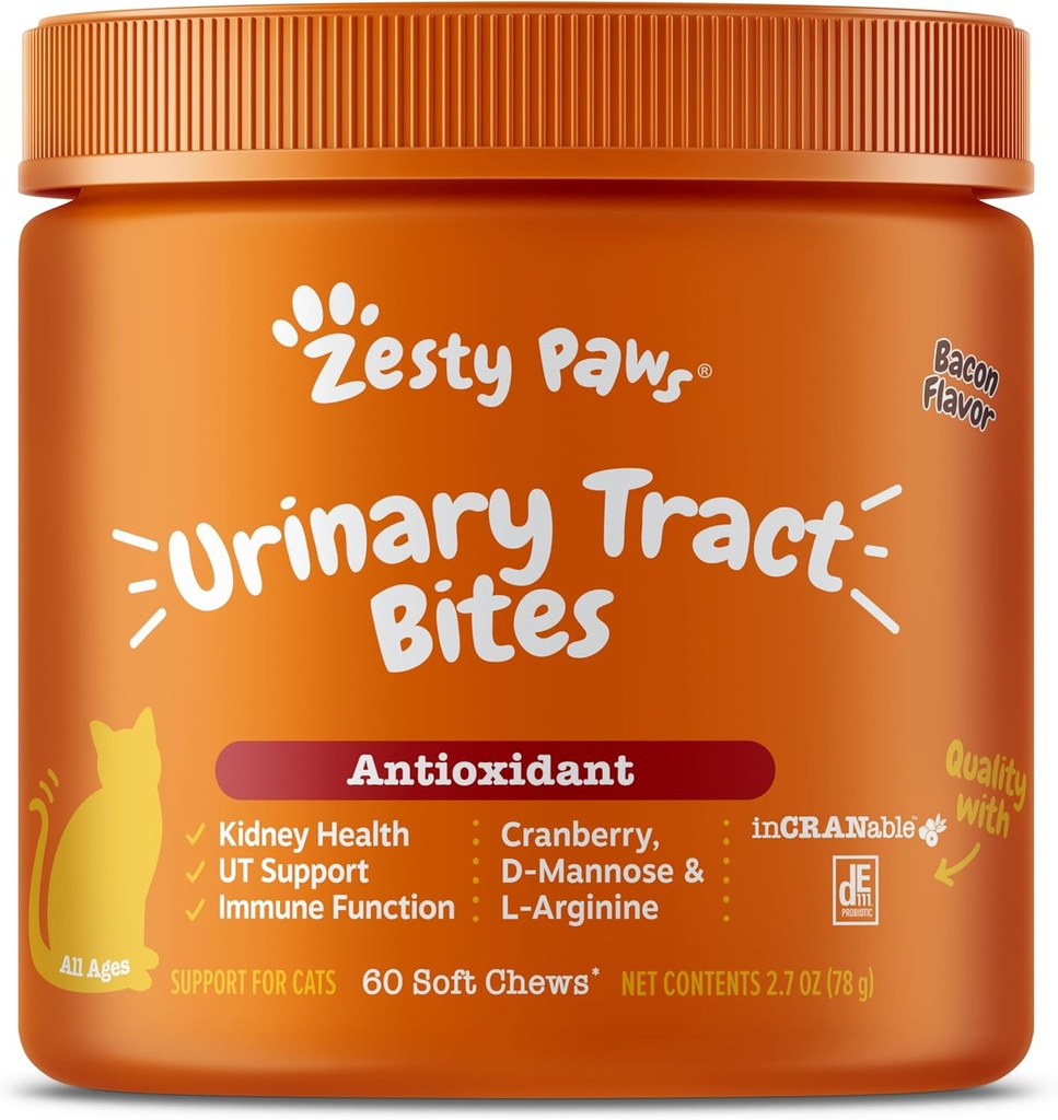 Zestity Paws Cranberry Urinary Tract Bites for Cats - Nyre & Urinary Tract Health - Soft Chews med D-Mannose, Vitamin B6 & L-Arginin - immunforsvar & Gut Support - Bacon - 60 Greve