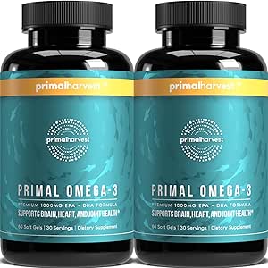 Primær høst Omega 3 Fish Oil Kosttilskud, 30 Servere Soft Gels Kapsler w / 1000mg EPA + DHA Kosttilskud, Ingen Fishy Burps Non- GMO Omega 3 Fedtsyrer, 2 Pack