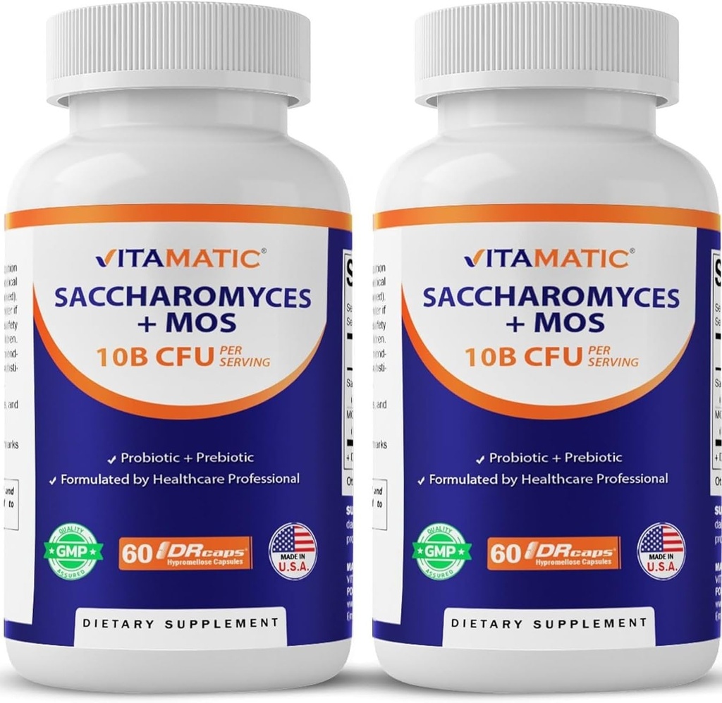 Vitamatic Saccharomyces Boulardii Probiotic 10B per Serving + Yeast Extract (MOS Yeast Fraction) 300 mg - 60 DR Capsules - Made in the USA-2 Pack