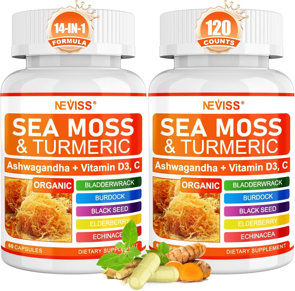 Sea Moss Capsules - Irish Sea Moss med gurkemeje Plus Ashwagandha, Black See Oil, Bladderwrack, Burdock Root, C-vitamin & D3, ACV Chlorophyll 120Cts
