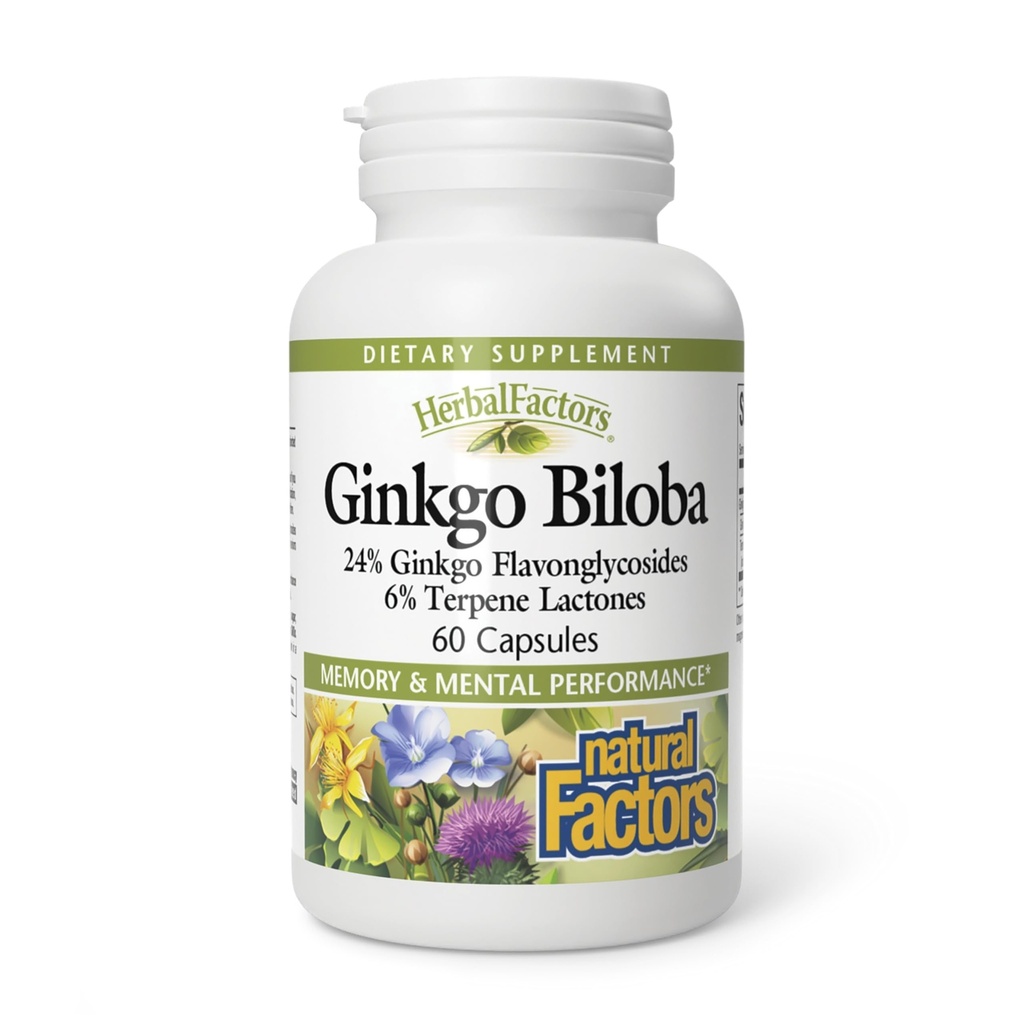 HerbalFactors by Natural Factors, Ginkgo Biloba, Understøtter hukommelse, mental ydeevne og sund hjerne funktion, 60 kapsler (60 portioner)