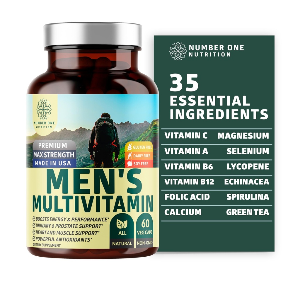 Number One Nutrition Premium Mænd 's Daily Multivitamin Multimineral Supplement [Gluten Free, Non- GMO], Vitaminer A C E D B1 B2 B3 B5 B6 B12, Magnesium, Biotin, Sprulina, og Zink, 60 Veg Caps