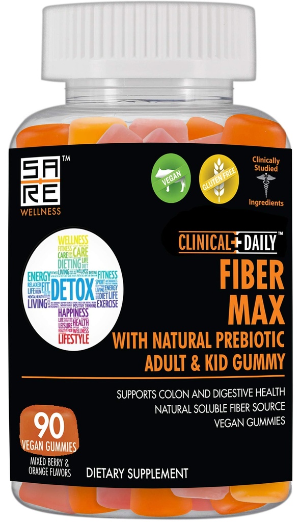 KLINISKE DAILY Fiber Max, Vegansk High Fiber Gummies for voksne og børn. Forstoppelse Relief for voksne og børn. Prebiotic Inulin Fiber Supplement Gummies. 90 Gluten- Free Laxative Gummies til Gut Reparation