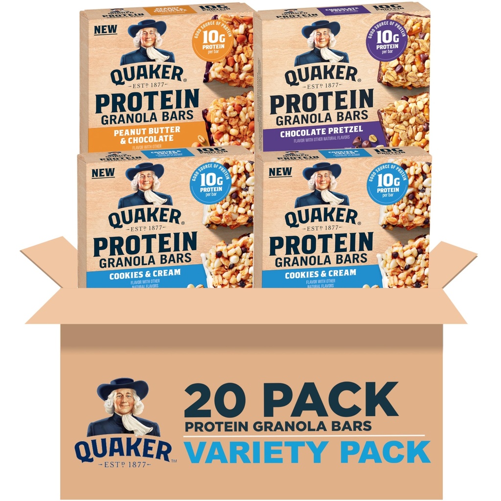 Quaker Protein Granola Bars, Variety Pack, 1.41 oz Bars, (20 Pack) 10g Protein