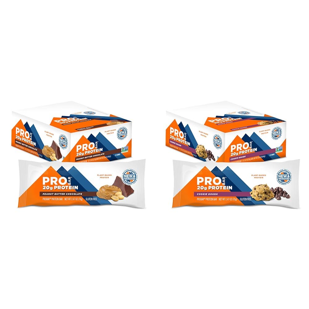 PROBAR Protein Bar 12 Count Peanut Butter Chocolate and Cookie Dough Gluten-Free Non-GMO Plant-Based