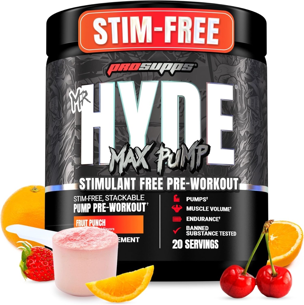 PROSUPPS Mr. Hyde Max Pump Pre Workout Powder - Stim- Free Preworkout Understøtter blodgennemstrømning, Muskel Volume & Endurance - Kaffefri Nitroxide Gym & Fitness Kosttilskud (Fruit Punch, 20 Servere)