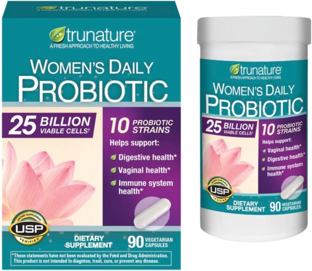 TruesNature Women's Daily Probiotic, 25 Billion Viable Cells, 90 Vegetarian Capsules, 10 Probiotic Strains, Supports Vaginal, Digestive, Immune Health