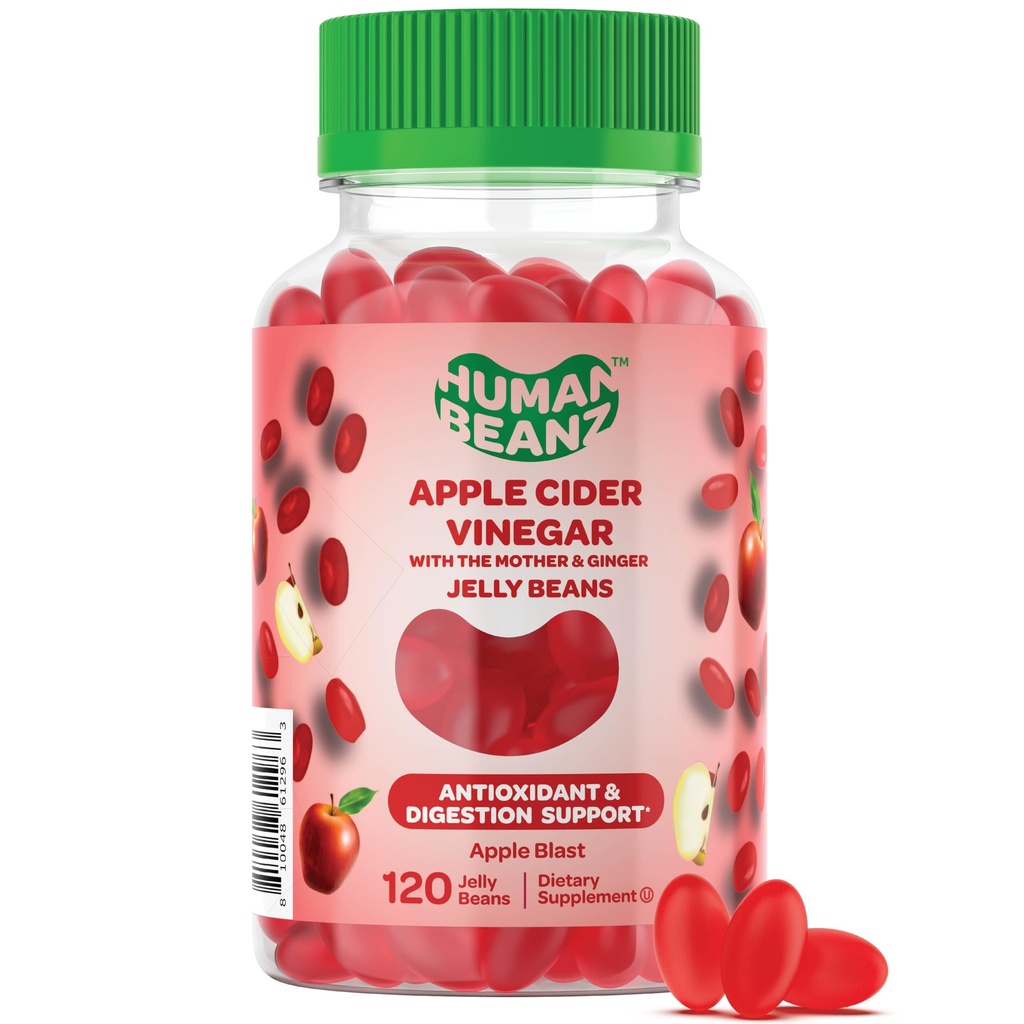 Apple Cider Vineddike Jelly Bean Gummies med The Mother and Ginger, Vegetariske Kosttilskud til mænd og kvinder, fordøjelsestilskud, 120 Apple Blast Jelly Beans, Kosher