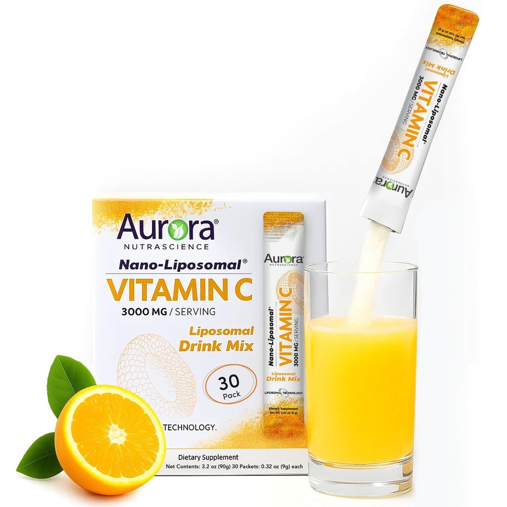 Aurora Nutrascience Nano- Pack Liposomal C-vitamin pulver drik mix, immunstøtte, høj styrke 3000 mg per servering, 30 Single Serve Pakninger, Orange