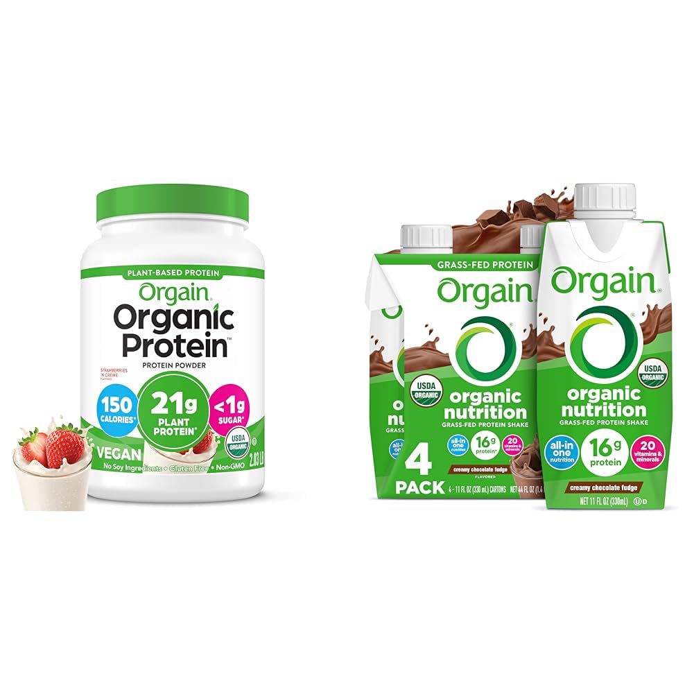 Orgain Organic Vegan Protein Powder, Strawberries & Cream - 21g Plant Based Protein, 2.03 lb Organic Nutritional Shake, Creamy Chocolate Fudge 11 Fl Oz (Pack of 4) Bundle