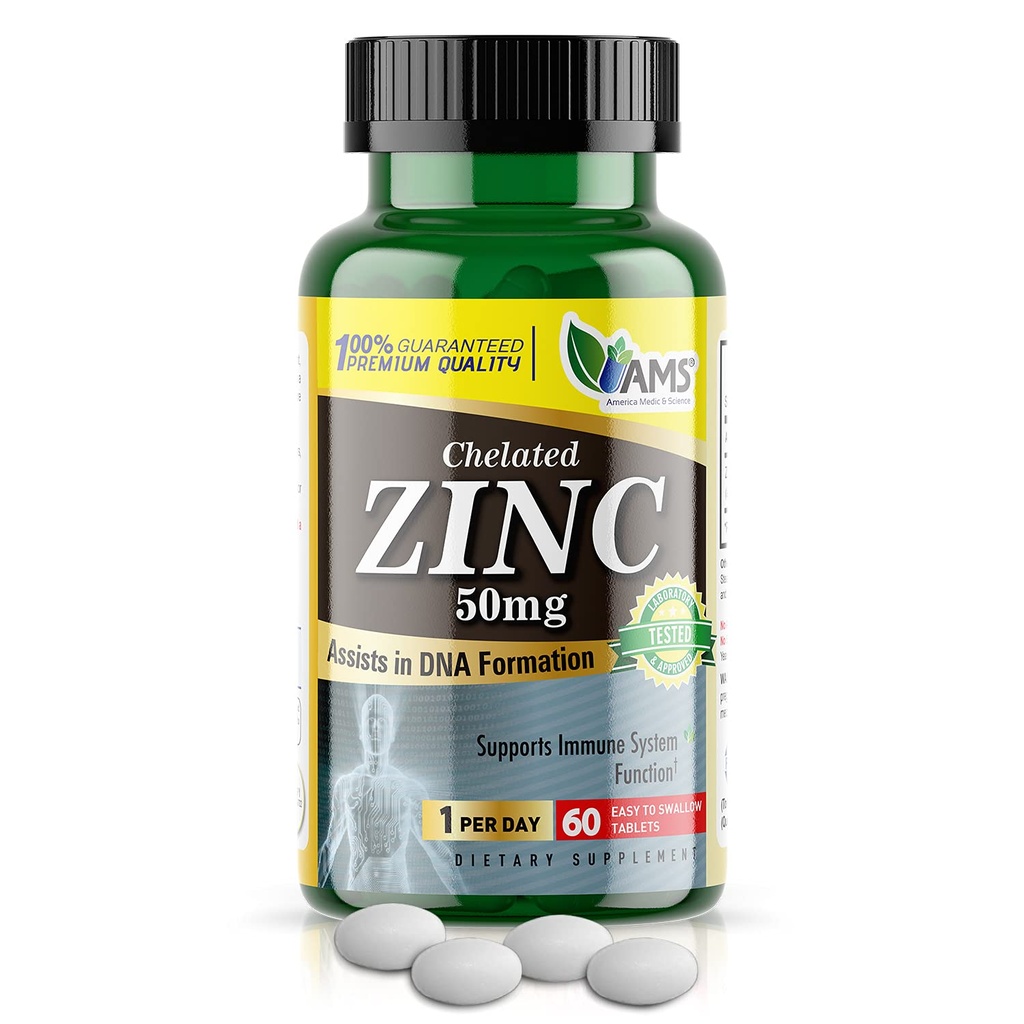 America Medic & Science Chelated Zink 50 mg Kosttilskud (1 pakke med 60 tabletter) Immunbooster og kraftfulde antioxidant piller til voksne mænd og kvinder; stærkt Absorbable Mineral, Forbedrer Mood & Sleep