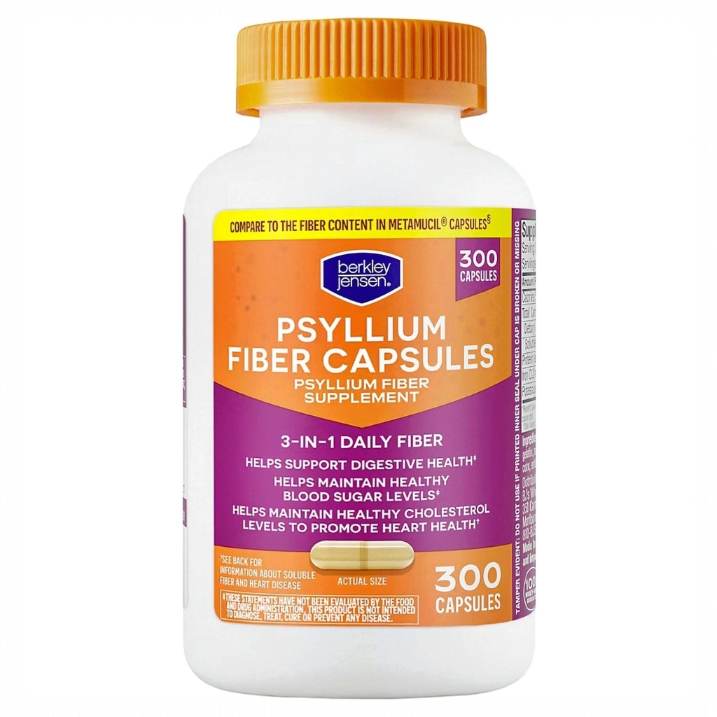 Berkley Jensen Daily Psyllium Husk Supplement, Natural Fiber for Men & Women - Fiber Capsules for Digestive Health, Easing Constipation, Aiding Nutrient Absorption, Made in USA, 300 Count (Pack of 1)