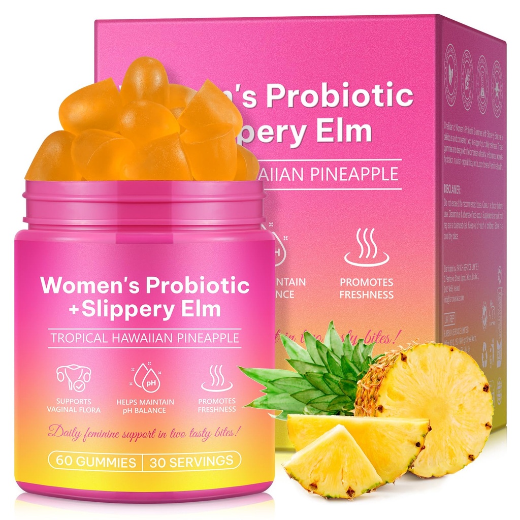 Feminine Probiotics Gummies with Slippery Elm | Pineapple Gummies for Women ph Balance, Vaginal Probiotics Supports Flora, Gut Health & Immune System, Prebiotics & Lactobacillus Blend | 60 Gummies