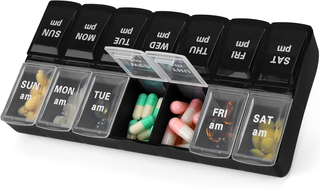 7 Dag Ugentlig AM PM Pill Organizer, 2 gange en dag Stor Pill sag Pill Box til piller Vitamin Kosttilskud Medicin (sort + hvid, 2 gange)