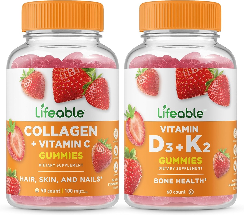 Livlig Collagen & C-vitamin + vitamin D3 + vitamin K2, Gummies Bundle - Great Tasting, Vitamin Supplement, Gluten fri, GMO fri, Chewable Gummy