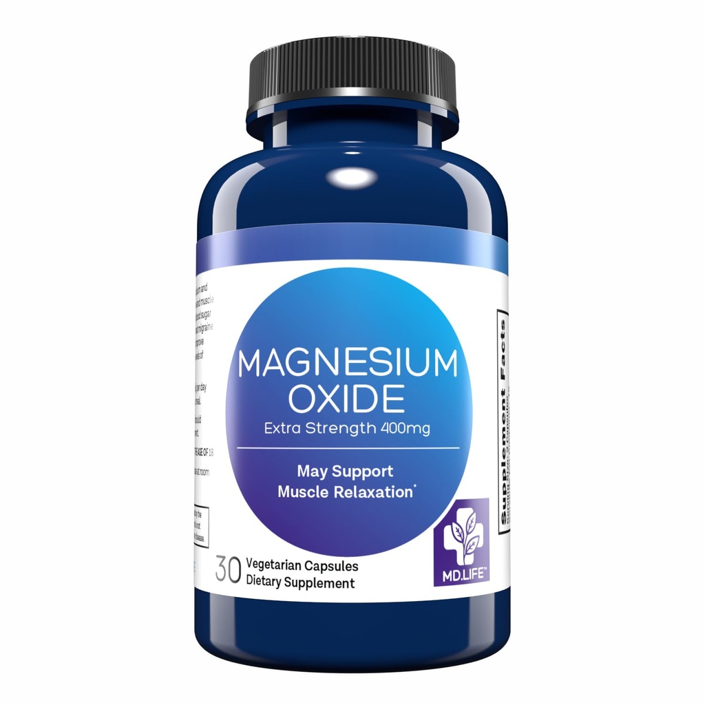 MD. Life Magnesium Oxide 400mg Kapsler - Høj Absorption Magnesium supplement for ben kramper, søvn & vaskulær sundhed - 30 Kapsler - Ikke- GMO piller til kvinder