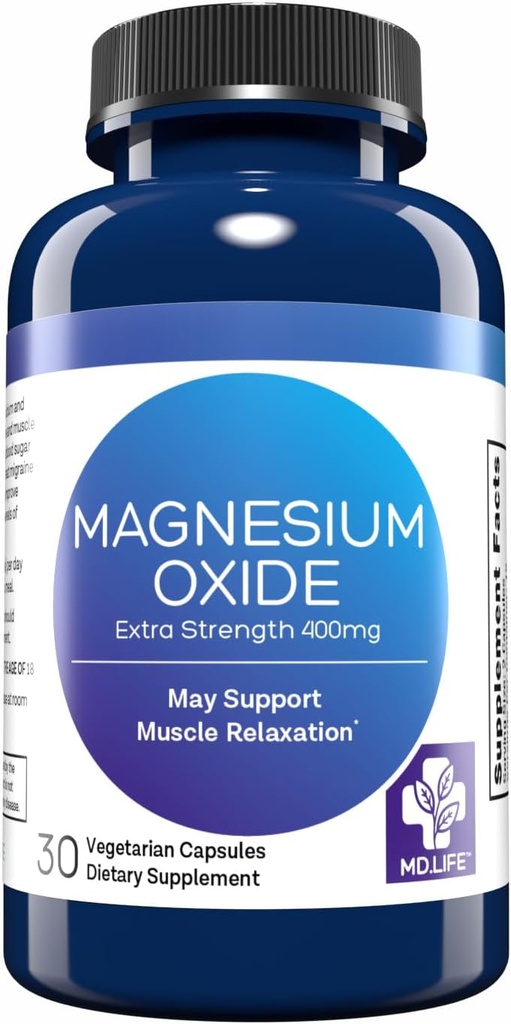 MD. Life Magnesium Oxide 400mg Kapsler - Høj Absorption Magnesium supplement for ben kramper, søvn & vaskulær sundhed - 30 Kapsler - Ikke- GMO piller til kvinder