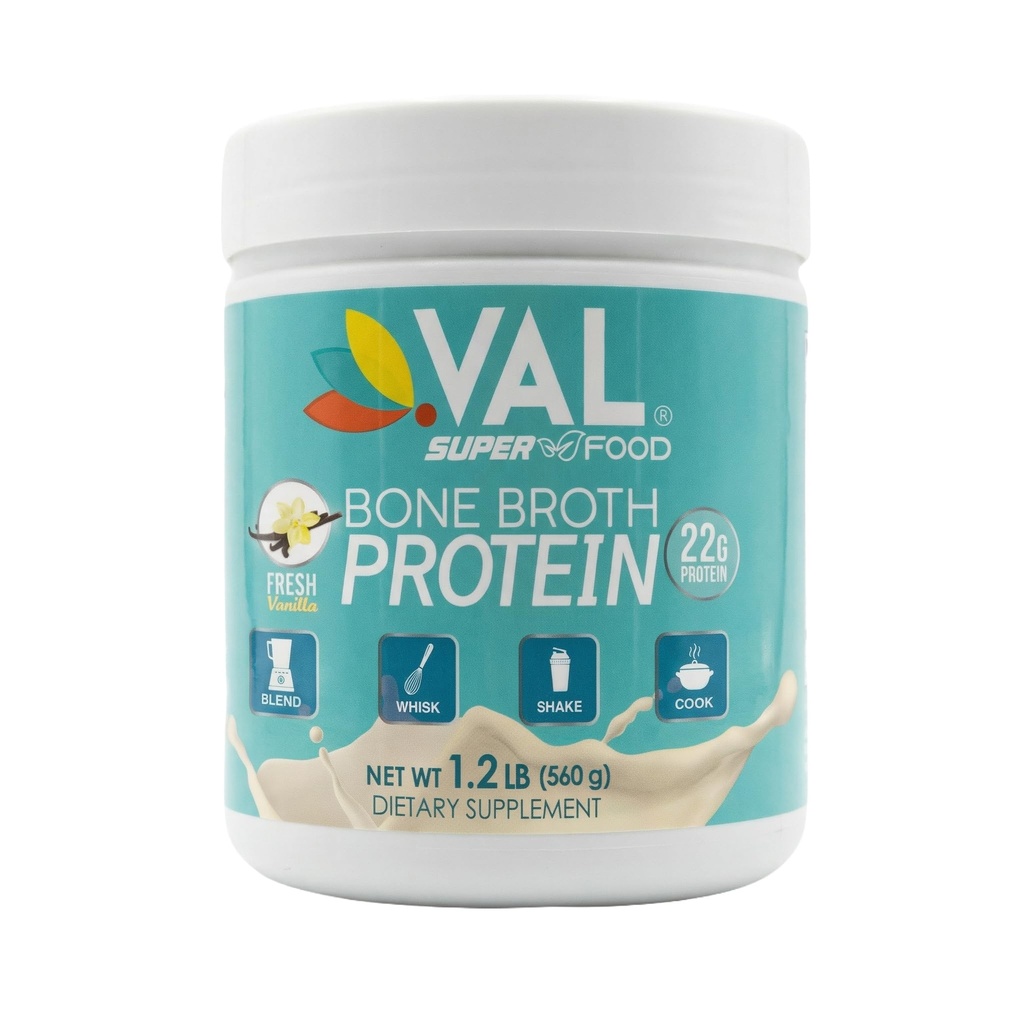 VAL Bone Broth Protein Powder - 22g Protein, 12g Collagen, MCT & Pea Protein - Gut, Hud & Fælles Support - Paleo Friendly, Gluten Free - Chicken Flavor, 16 Servere