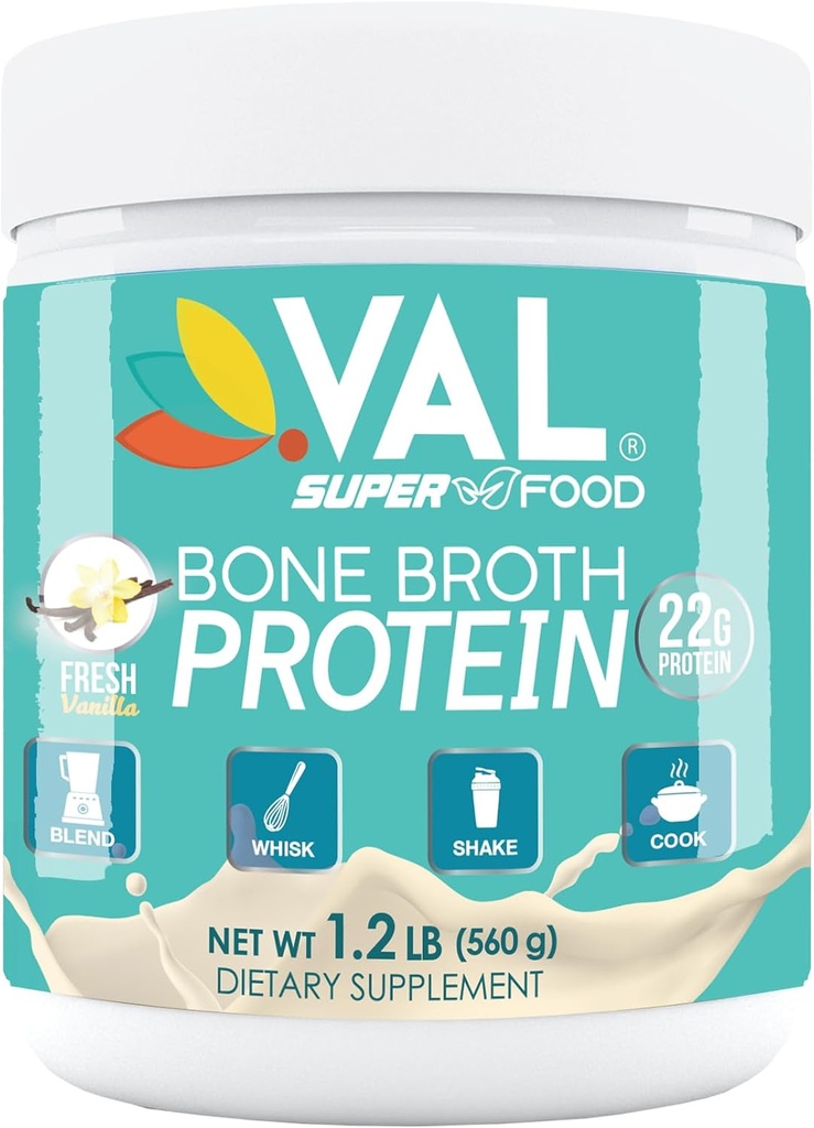 VAL Bone Broth Protein Powder - 22g Protein, 12g Collagen, MCT & Pea Protein - Gut, Hud & Fælles Support - Paleo Friendly, Gluten Free - Chicken Flavor, 16 Servere