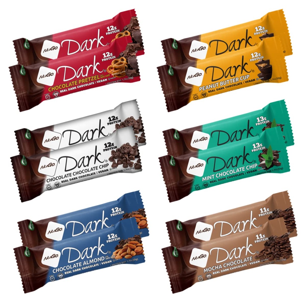 NuGo Dark, Sample Variety Box, 12-13g Vegan Protein Bar, Gluten Free, 12 CT