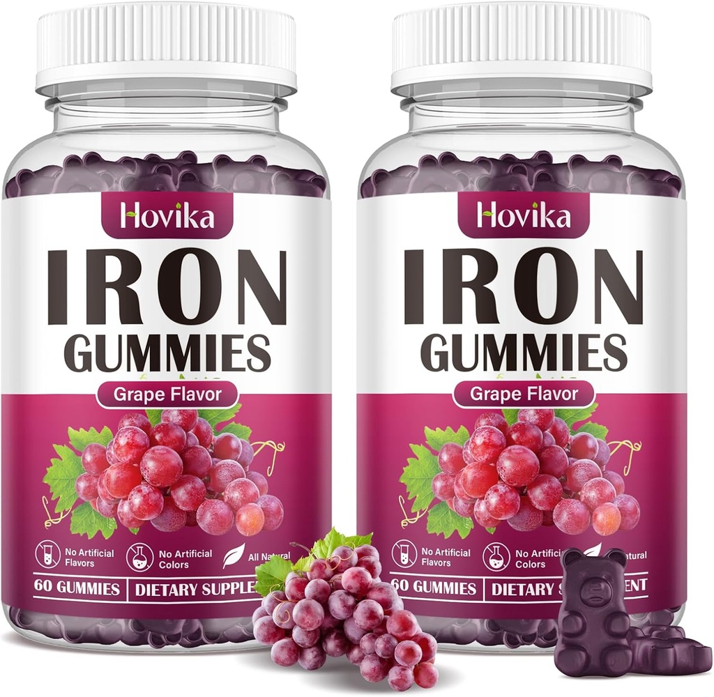 (2 Pack) Iron Gummies Supplement for kvinder & mænd, Iron Supplements for Anæmi med C-vitamin, B12, Folate- Blood Builder & Energy Support for Iron Dificiency - Grape Flavor, Vegan, 120 Gummies