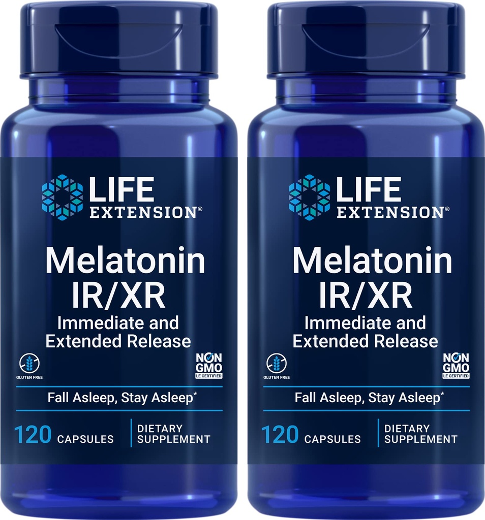 Life Extension Melatonin IR / XR, 120 kapsler (pakke af 2) - øjeblikkelig & Extende- Release for 7 Timer Support - Night Time Supplement - Stay Asseiling All Night Long - Non- GMO, Gluten- Free