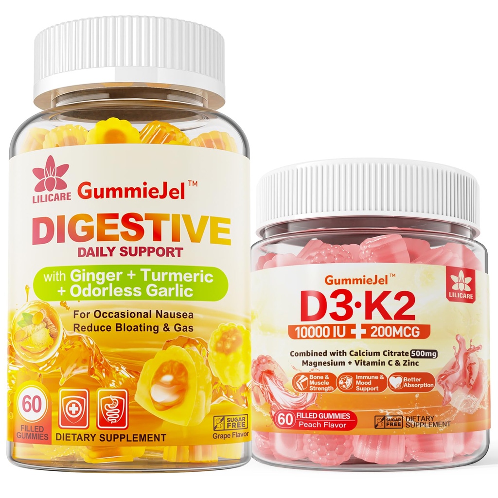 D3- vitamin K2 fyldte gummier 5000IE / 10. 000 IE med 500mg Calcium, Magnesiumcitrat, C-vitamin & ingefær Supplement Gummier til kvalme, Mavesmerter Relief