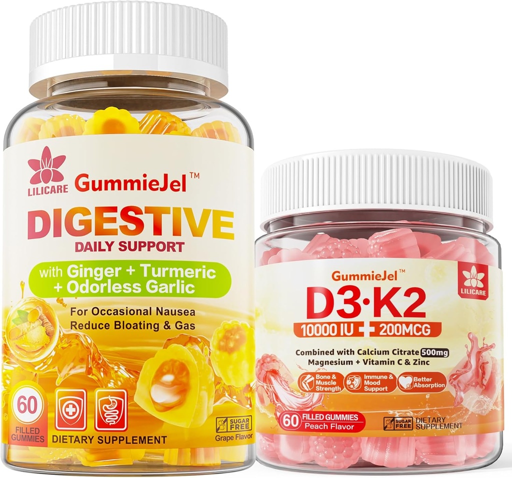 D3- vitamin K2 fyldte gummier 5000IE / 10. 000 IE med 500mg Calcium, Magnesiumcitrat, C-vitamin & ingefær Supplement Gummier til kvalme, Mavesmerter Relief
