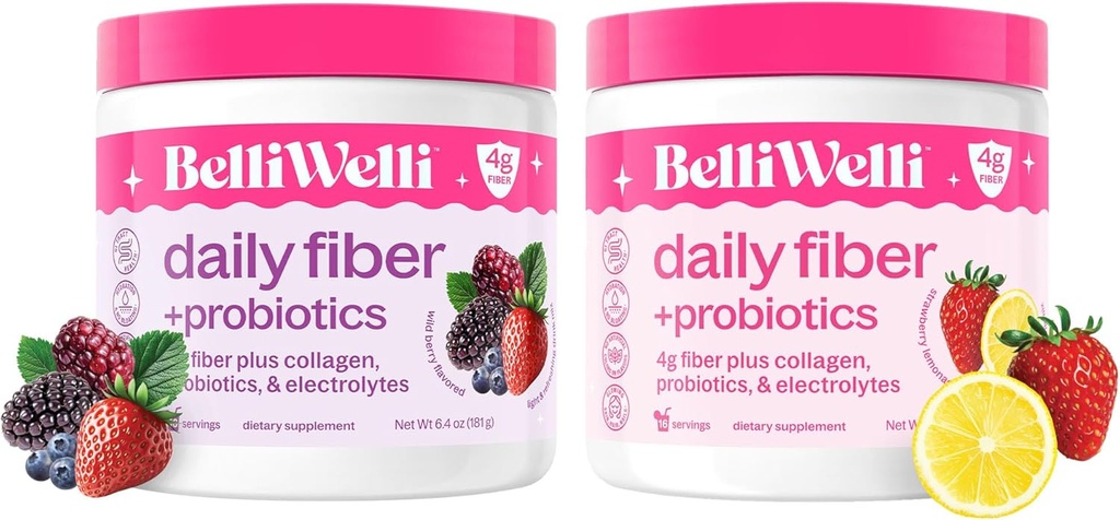 Belli Welli Daily Fiber Supplement Bundle med Collagen, Probiotika & Elektrolyter - Jordbær Lemonade & Wild Berry Flavors - Understøtter fordøjelse, Gut Balance, & Afbloating - 32 Tjenester