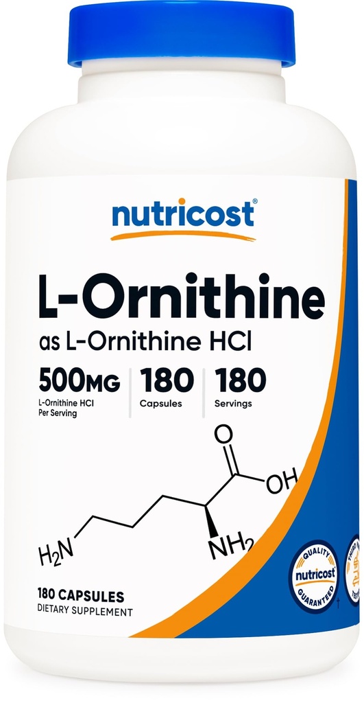 Nutricost L- Ornithin 500mg, 180 kapsler - Non- GMO og gluten fri