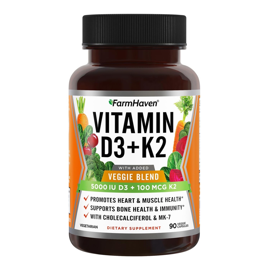 FarmHaven Vitamin D3 K2 kapsler - 5000 IE D3 og 100 mcg K2 - Cholecalciferol MK7 med Veggie Fruit Blend - Vitamin D K2 supplement til immunsystemet og hjertesygdomme - Vegetarisk, non- GMO, 90 Caps