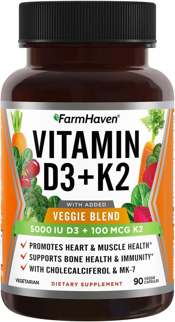 FarmHaven Vitamin D3 K2 kapsler - 5000 IE D3 og 100 mcg K2 - Cholecalciferol MK7 med Veggie Fruit Blend - Vitamin D K2 supplement til immunsystemet og hjertesygdomme - Vegetarisk, non- GMO, 90 Caps
