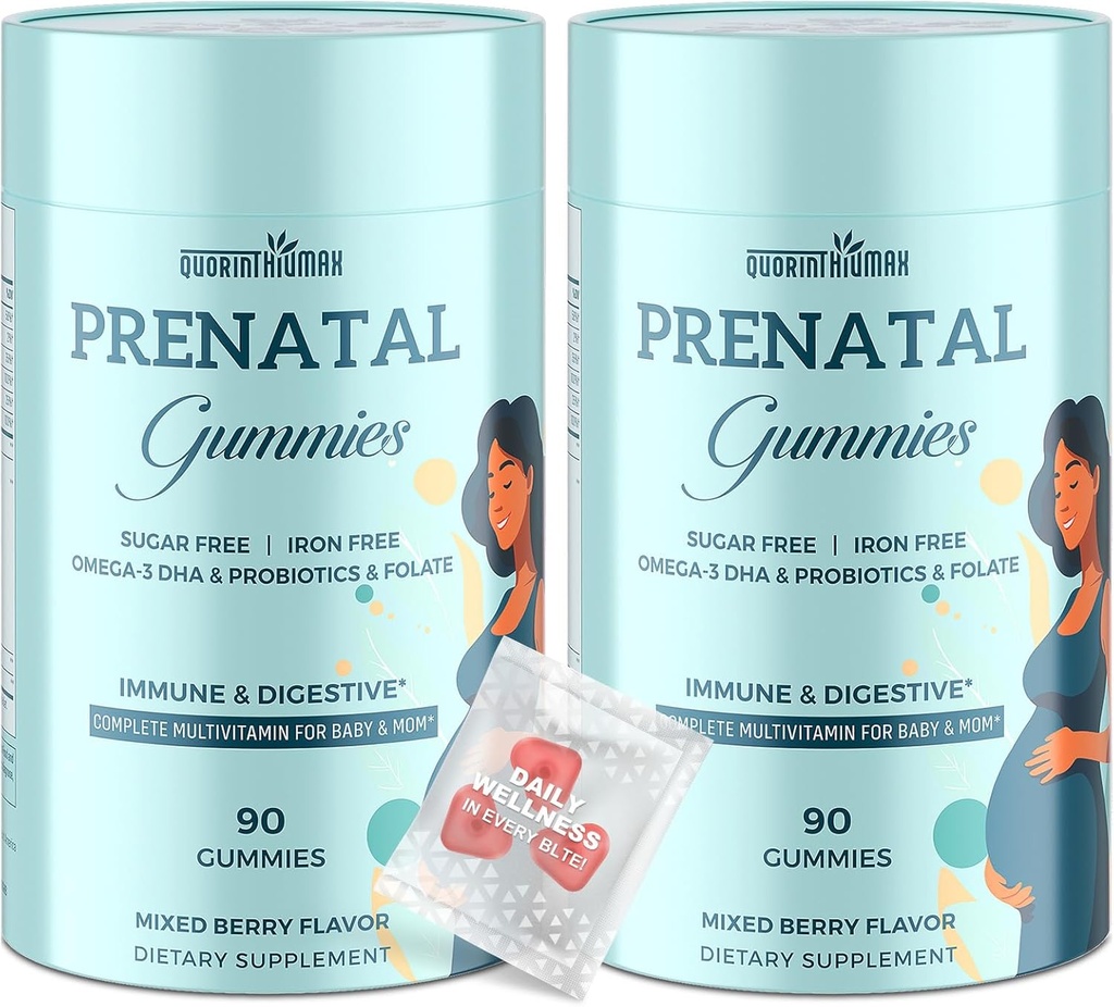 Prenatal Gummies Sugar Free 180 Greve - Organiske Prenatale Vitaminer for kvinder med folat, DHA & Probiotika - Jern fri Prenatal Vitamin Gummies til immunforsvar og fordøjelse - 2 flasker