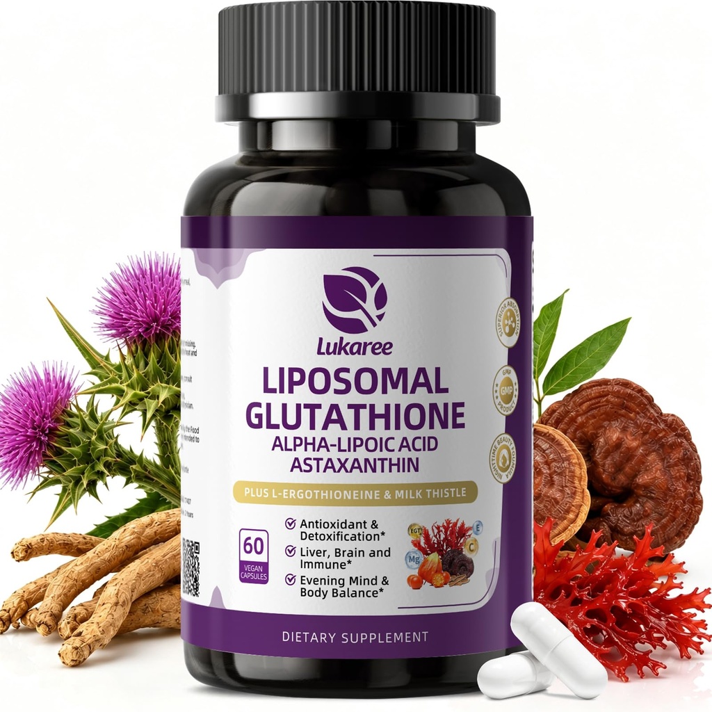 Liposomal Glutathione 1158mg with Astaxanthin for Skin Health 60 Vegan CT | 15-in-1 with Milk Thistle, Alpha Lipoic Acid, Antioxidant Complex for Nighttime Skin Radiance, Cellular Health & Liver Detox