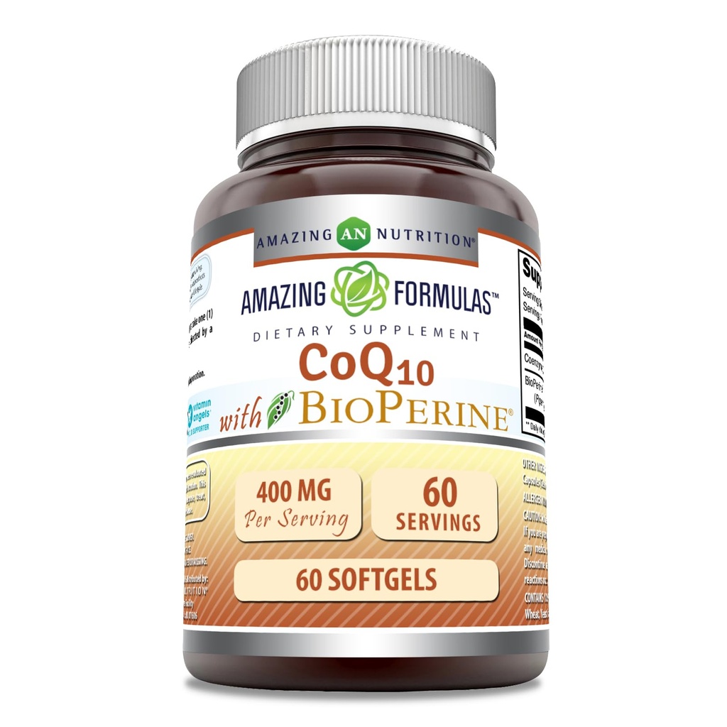 Amazing Formulas CoQ10 with Bioperine Supplement | 400 Mg Per Serving | 60 Softgels | Non-GMO | Gluten Free | Made in USA