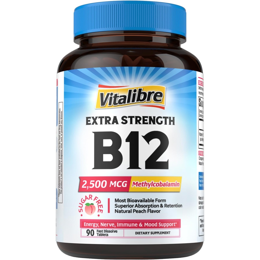 Vitalibre Vitamin B12 2500 mcg, Extra Strength Sublingual Methylcobalamin, Natural Peach Flavor, Nervous System, Energy Support, No Sugar, 90 Fast Dissolve Tablets
