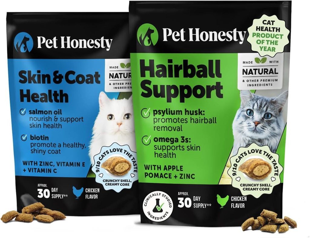 Cat Skin & Coat Health & Hairball Support Bundle: Omegas & Biotin Chews for Shiny Coat & Furball Remedy (Chicken 30-Day Supply)