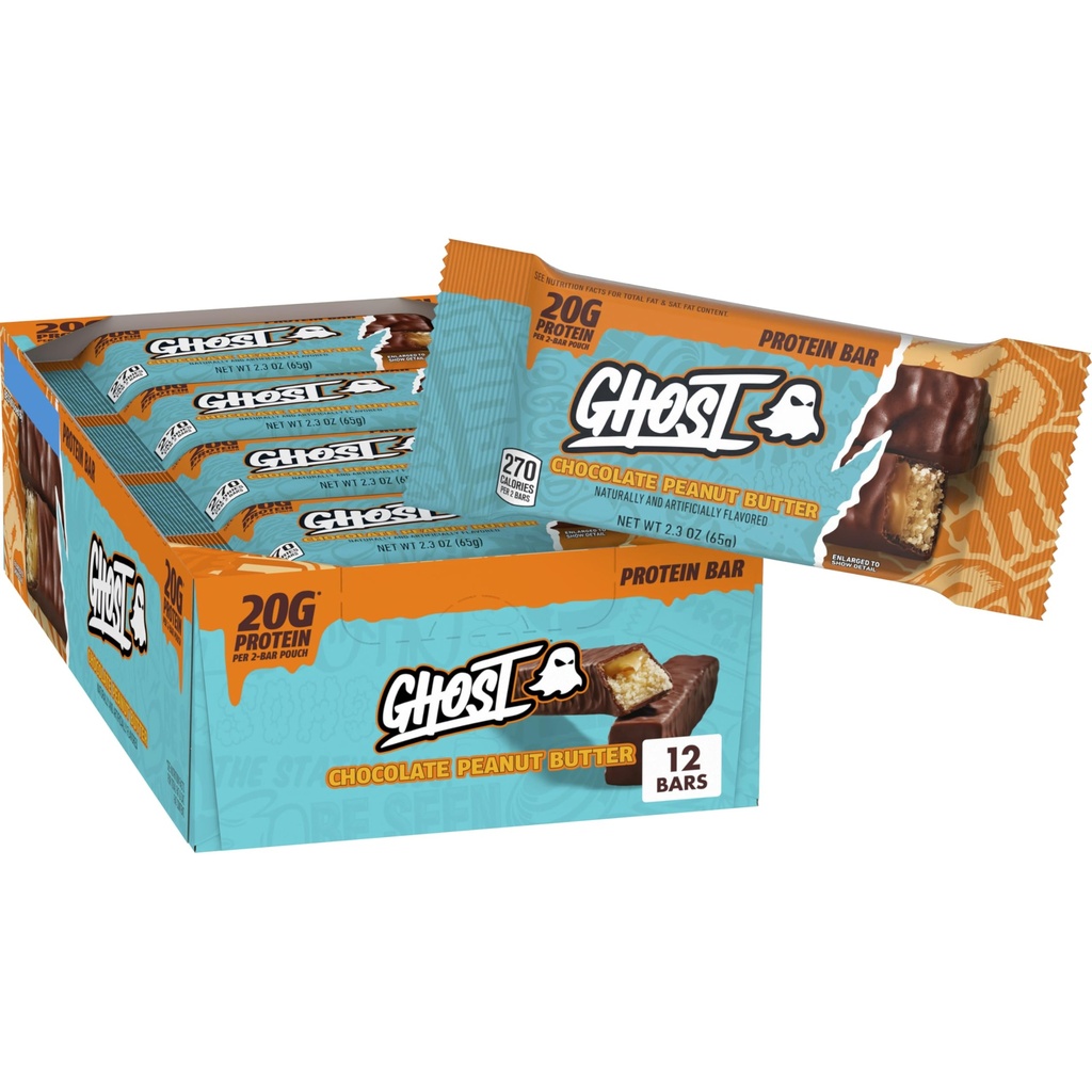 GHOST PROTEIN BAR, CHOCOLATE PEANUT BUTTER Flavor, 20G Protein, 2G Sugar, 12 Dual-Bar Packs, 27.6 oz